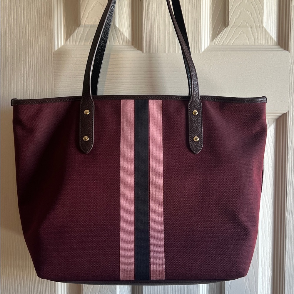 Coach Burgundy Top Zip Tote with Pink and Black Center Stripes - Picture 6 of 8